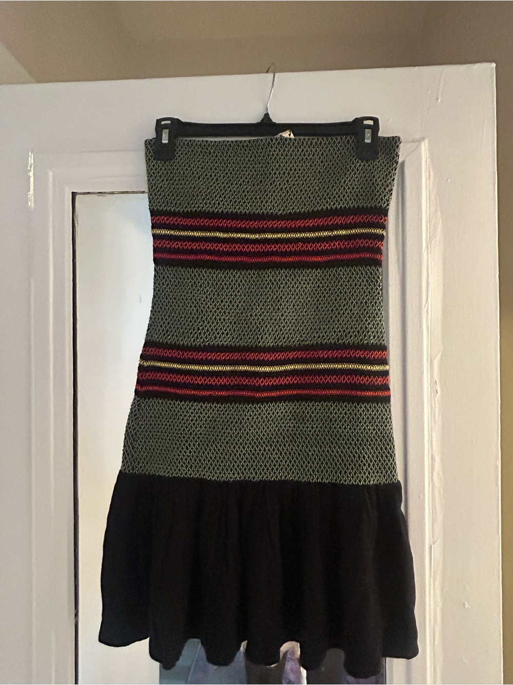 Maje Strapless Knit Mini Dress with Black Ruffle Hem and Stripe Accents